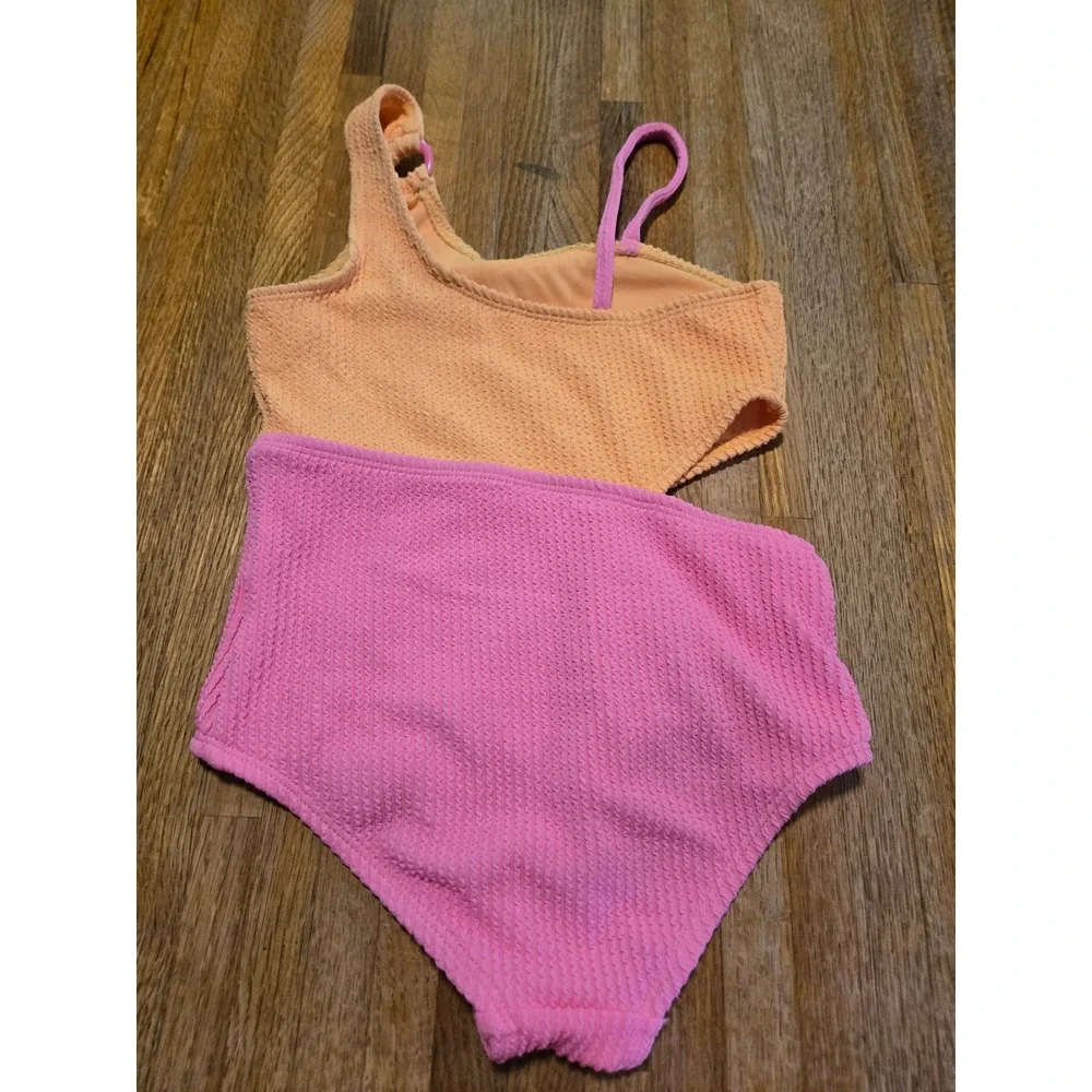 Wonder Nation Girls S 6-6X Orange Pink Colorblock One Shoulder Cutout Swimsuit